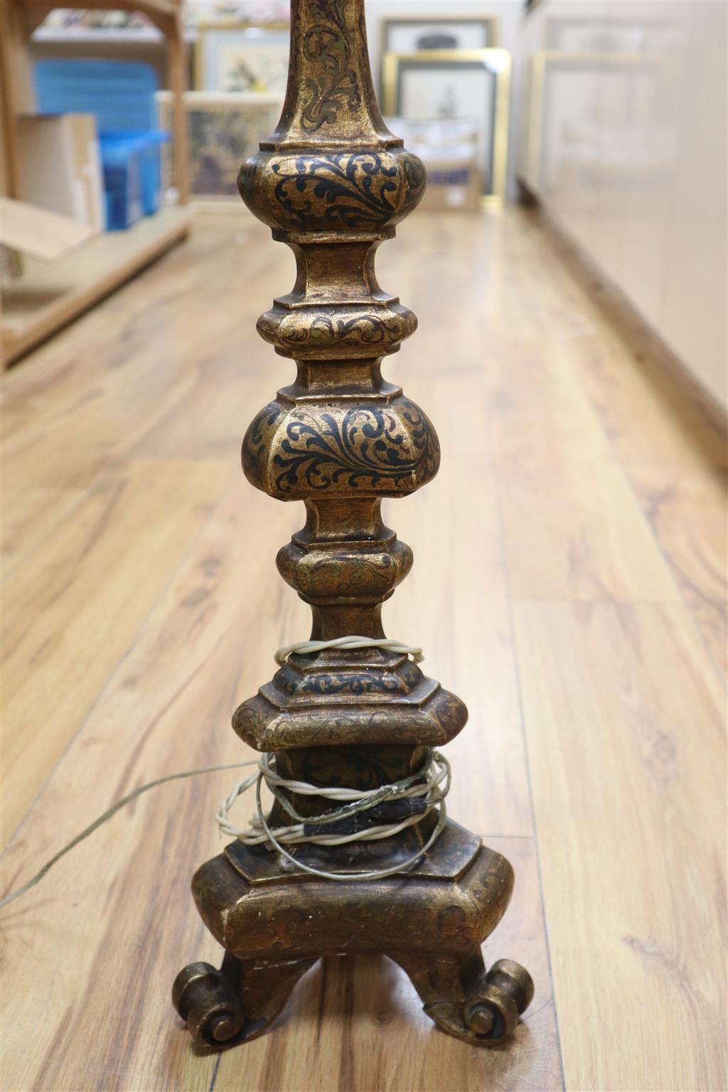 A Florentine green and gilt carved wood table lamp, height 63cm